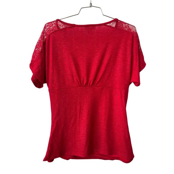 A Byer Blouse Size XL Sheer Floral Lace Shoulder Trim Ruched Knit Red Metallic - Picture 2 of 7